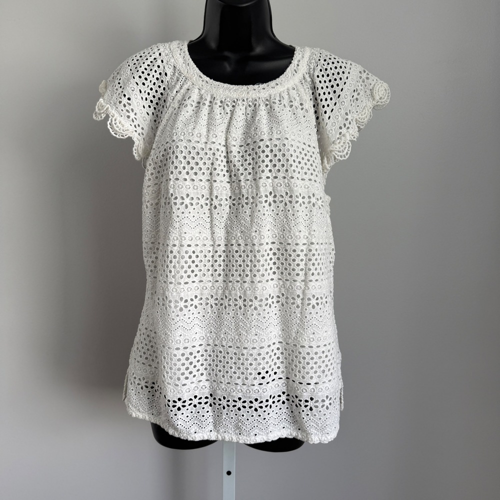 Lauren Ralph Lauren White Eyelet Top Women's Blouse Flutter Sleeve‎ L